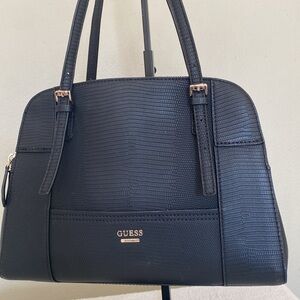 Guess Huntley Medium Satchel In Black Faux Leather Alligator